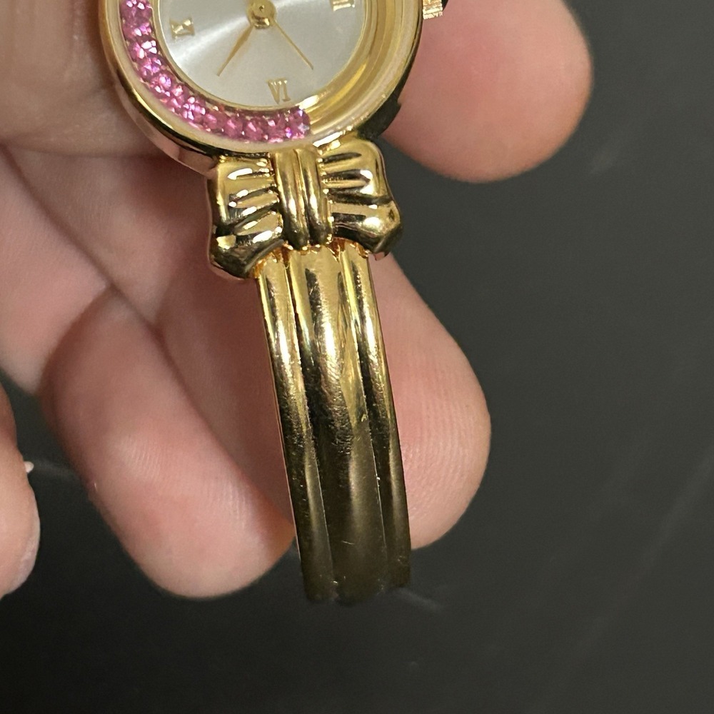 GoldTone Bracelet Watch Floating Lavender-pink Rhinestone Bezel Japan Quartz Y2K - Picture 5 of 9